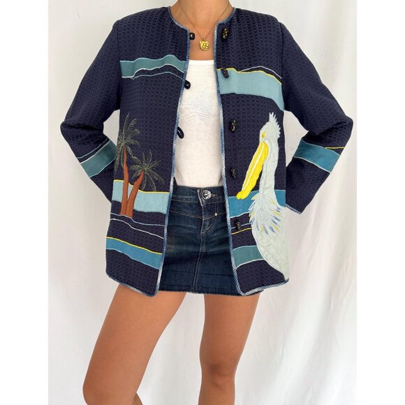 90s vintage blue novelty tropical bird vacation embroidered patchwork jacket - Picture 4 of 10